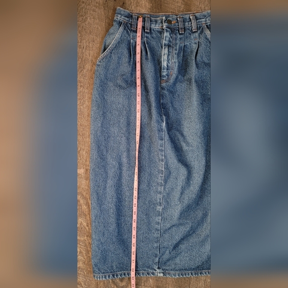 90s Vintg Denim Maxi Skirt Womens 7/8 Med Wash Blue 100% Cotton Fitted w/ Pleate - Picture 9 of 11